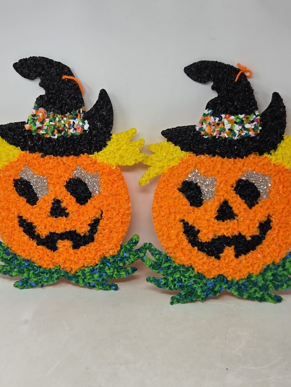 X2 Melted Plastic Popcorn Pumpkin Halloween Decoration Jack-o-Lantern Vintage